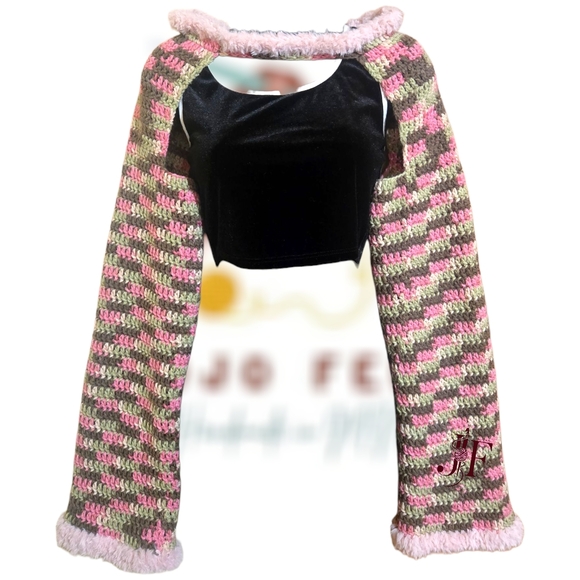 Handmade Sweaters - Pink Camo w/Fur Handmade Crochet Sleeves Shrug, Multi Size, Adult, Y2k, Fall